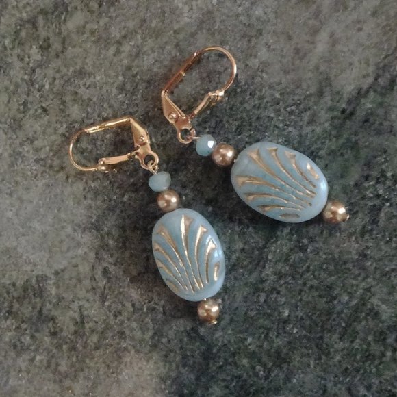 Earrings in aqua and gold art deco fan design - Picture 4 of 6